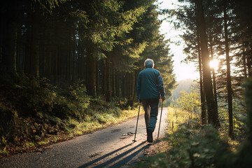 Naklejka premium Man walks on forest path during late afternoon near sunlight among trees and plants