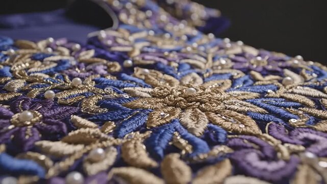 Exquisite floral embroidery with intricate beadwork on luxurious purple fabric, a close-up detail of artisanal craftsmanship