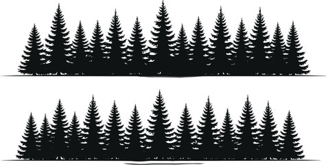 Pine tree forest silhouette collection, evergreen coniferous woodland landscape, spruce and fir trees set, nature outdoor wilderness background, vector forest line. © Sahariya