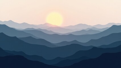 Majestic mountain range at sunset with a soft, warm glow illuminating the peaks.