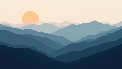 Majestic mountains at sunrise with a vibrant orange sky and rolling hills in the distance