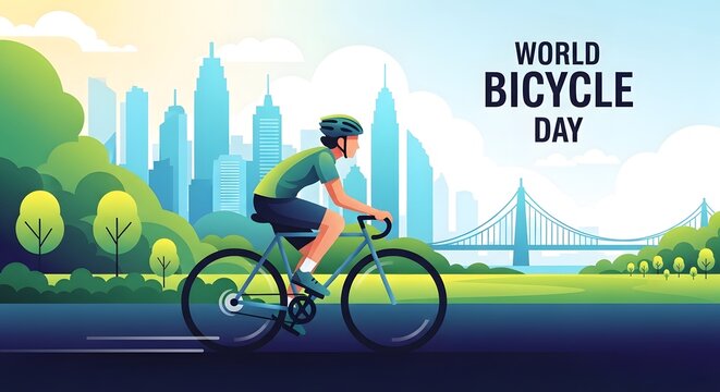 World bicycle day celebration with a man riding his bicycle through a vibrant park with a modern city skyline in the background