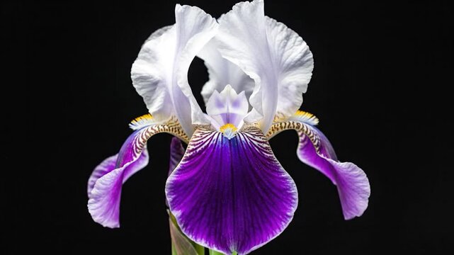 Beautiful purple and white iris flower blooming on a black background.