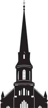 Detailed black silhouette vector illustration of a classic new england church steeple and tower
