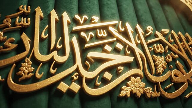 Golden Arabic calligraphy with floral ornaments on green background
