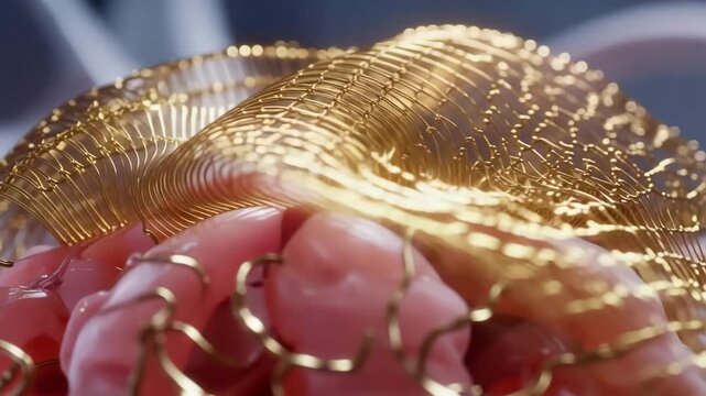 Futuristic brain computer interface concept with golden metallic neural network mesh covering human brain