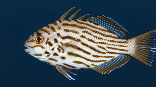 tropical striped reef fish swimming underwater in blue sea