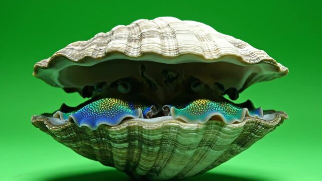 A large, open clam shell revealing vibrant blue and yellow iridescent patterns on its mantle against a solid green background.