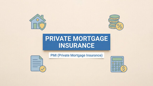 Private Mortgage Insurance PMI concept infographic banner with protected house shield coins percentage calculator and approved document icons for home loan coverage and lender protection