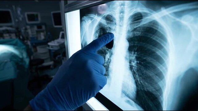 X ray scan medical doctor hand glove hospital lung chest clinic diagnosis patient radiology health looking monitor screen cancer lesion detection concern surgery room showing diagnosis detail serious