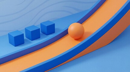 Vibrant 3D illustration of orange ball and blue cubes on curved tracks
