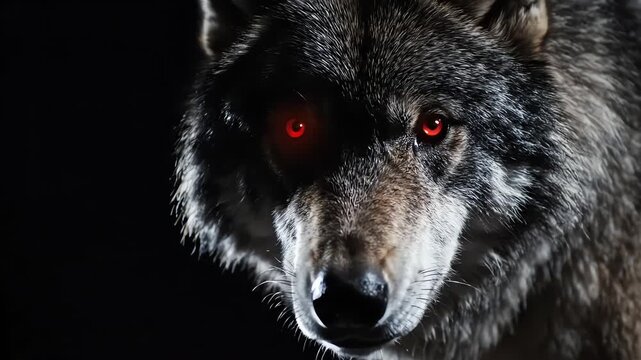 Close up Portrait of a Wolf with Glowing Red Eyes in Darkness