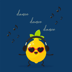 Naklejka premium Cute lemon character in headphones and sunglasses dancing vector illustration.