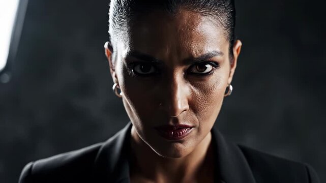 Intense Woman with Serious Expression in Dramatic Lighting.