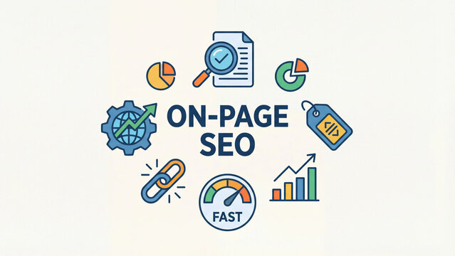 On Page SEO digital marketing optimization concept infographic with search magnifier gear globe link speed meter chart and code tag icons for website ranking strategy