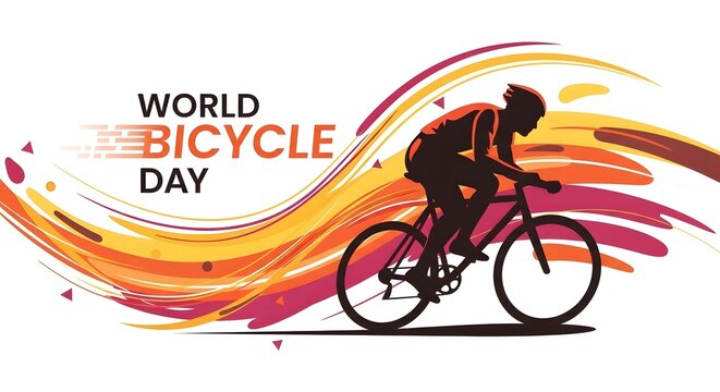 Dynamic cycling abstract background with speed lines and cyclist silhouette for world bicycle day celebrating fast paced athletic performance and passion for road racing sport activities