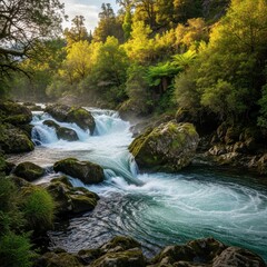 Obraz premium Majestic Waterfall Cascading Through Lush Green Forest Landscape.
