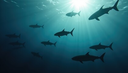 Obraz premium School of Pixelated Sharks Silhouetted Against Bright Sunlit Ocean Surface Underwater Scene Dramatic Rays of Light