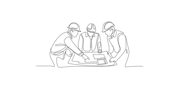 Three construction workers in hard hats reviewing blueprints together in a collaborative meeting