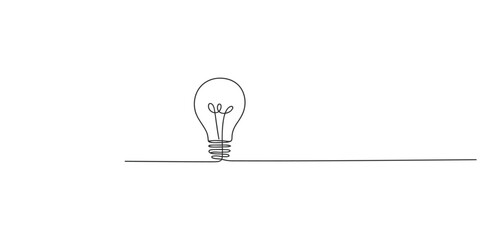 A minimalist line art illustration of a light bulb representing new ideas and innovation on a white background. © SR