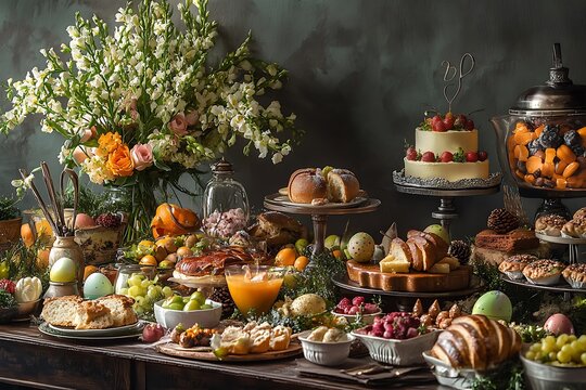 An elegant Easter brunch table showcases a scrumptious display of culinary delights, perfect for food blogs, menus, and catering advertisements that inspire gatherings.