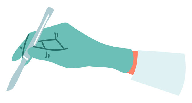 Surgeons hand with scalpel makes incision. Performing surgery. Surgical instrument. Doctors arm in gloves. Knife for medical operation. Treatment procedure in hospital. Vector concept
