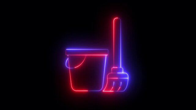 glowing neon Mop and bucket icon isolated on black background. Cleaning service concept. Housekeeping service, instruments. cleaning tools icon, cleaning service motion graphics animation.