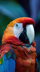 Fototapeta premium Vibrant red and blue macaw parrot portrait displaying striking feathers and sharp gaze