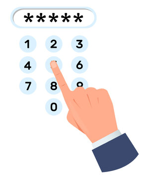 Hand types in secret digital PIN code from safe. Security technology. ATM keypad. Safety system. Finger pressing at buttons. Identification pincode input. Key password. Vector concept
