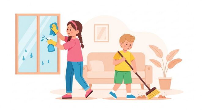 Children cleaning living room together kid boy sweeping floor with broom girl washing window with sponge and cloth family chores home cleanliness kids helping with housework
