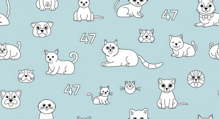 Obraz premium White cats in various poses on light blue background with numbers cute cartoon animals seamless pattern for textile or wallpaper design