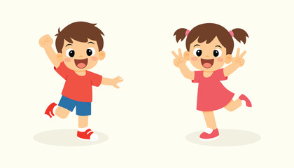 Happy toddler boy and girl cartoon characters in flat simple style solid background. Cute smiling kids with joyful expressions