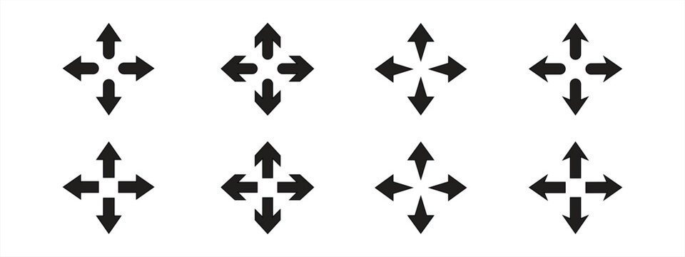 Four-way arrow icon set: up, down, right, and left. Four-way arrow and path. Vector illustration