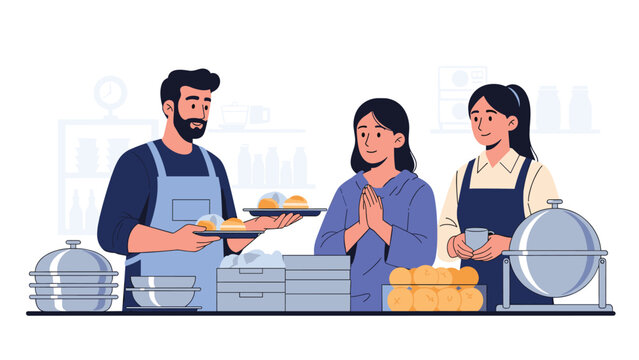 Group of people serving food in a canteen or community kitchen setting with fresh fruit and warm meals during a charity event or workday.