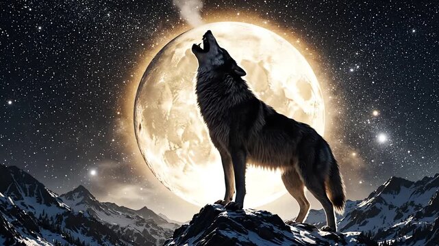 Wolf Howling at Glowing Full Moon on Snowy Mountain Peak at Night