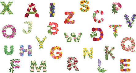 Naklejka premium Colorful Floral Alphabet Letters Made of Blooming Flowers Vector Illustration Set, Complete Spring Botanical Alphabet Letters Formed by Various Flowers, Beautiful Floral Typography A to Z Letters Set 