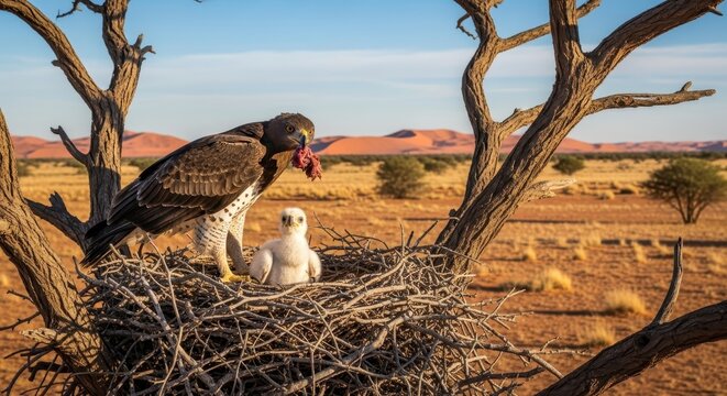 Majestic Wedge-tailed Eagle Feeding Chick in Nest, Australian Outback.