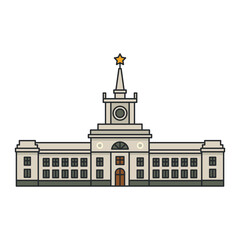 Historic administrative building with central tower and star spire. Illustration. Object isolated on white background.