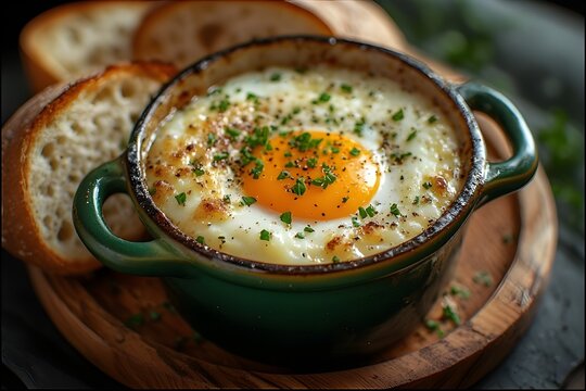 oeufs en cocotte in a ramekin served with toasted bread slices