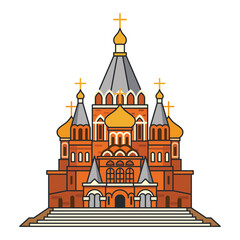 Orthodox cathedral with multiple domes and crosses, ornate red brick facade. Illustration. Object isolated on white background.