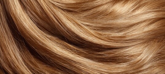Fototapeta premium Wavy light brown hair texture of a young woman is shown in a macro view. This close-up highlights the silky, healthy, and shiny strands of hair.