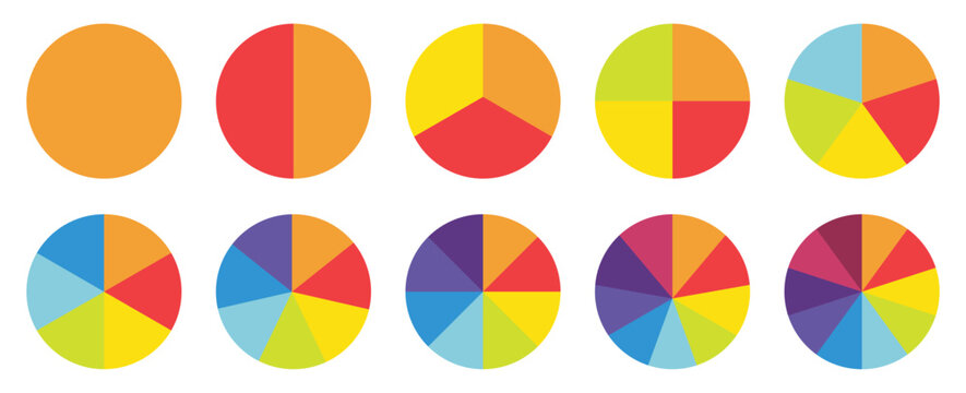 Circle Pie chart diagram set. Circle section graph. 1-10 segment infographic. Colorful diagram collection with  sections or steps. Vector illustration.