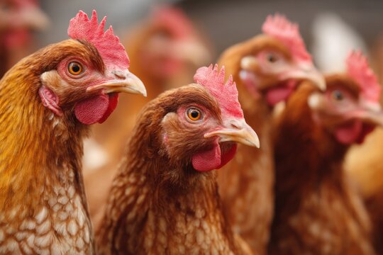 Close-up view of brown chickens standing together on a poultry farm. The hens feature vibrant red combs and sharp eyes in a shallow depth of field.
