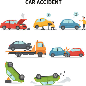 Car Accident Flat Design Vector Illustration Set &mdash; Breakdown, Tire Repair, Tow Truck, Collision, Rollover and Overturned Car Scenes