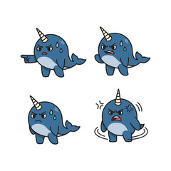 Cartoon narwhal character set with different emotions and expressions on white background © JunayedStock