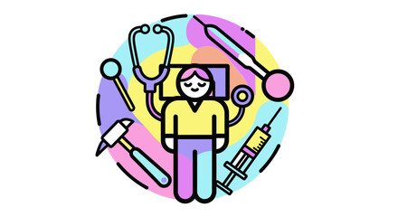 Obraz premium Medical professional surrounded by healthcare tools in a circular colorful illustration