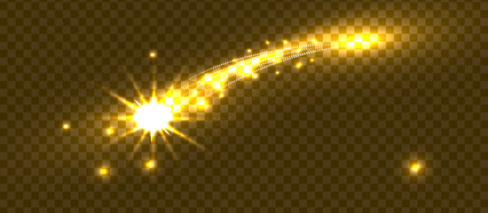 Golden shooting star light effect vector with glowing sparkle trail luminous curved streak isolated transparent background magical glitter design © Mondil biswas