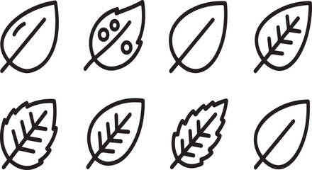 Fototapeta premium Eight different types of leaves drawn in a simple black and white line art style Vector