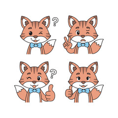 Fototapeta premium Cartoon fox character showing various emotions and gestures with blue bow tie