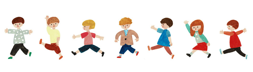 小学生の男女が横並びで元気に歩く水彩イラスト